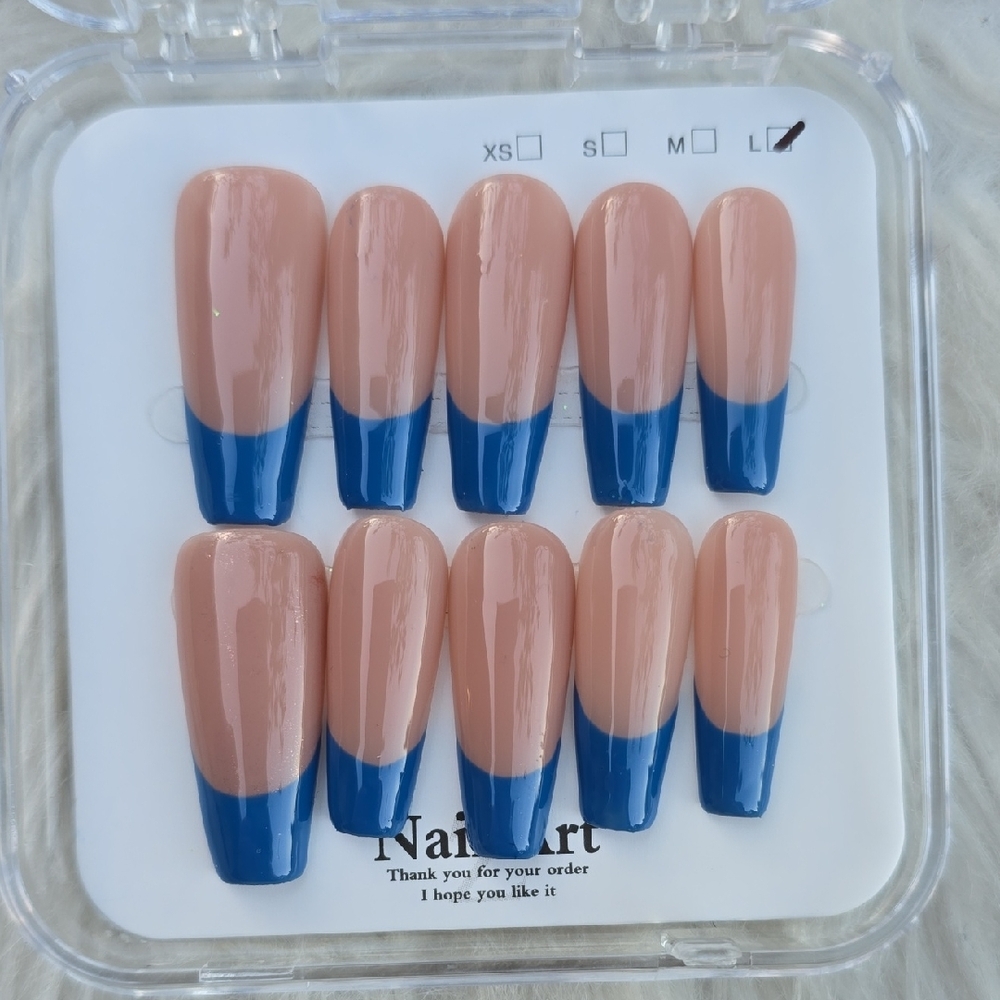 Long coffin nude blue French tip large press on nails handmade